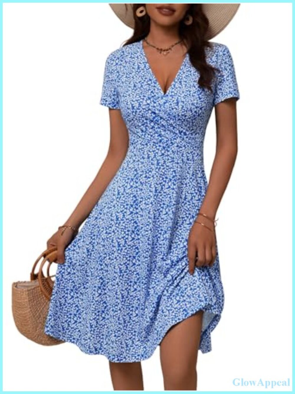 Womens Wrap V-Neck Midi Sundress Floral Short Sleeve A-Line Summer Casual